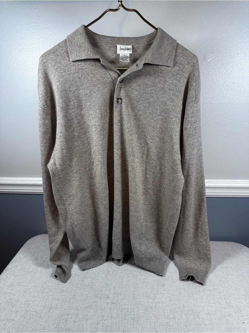 Neiman Marcus 100% Cashmere Long Sleeve Polo Sweater Taupe Size M